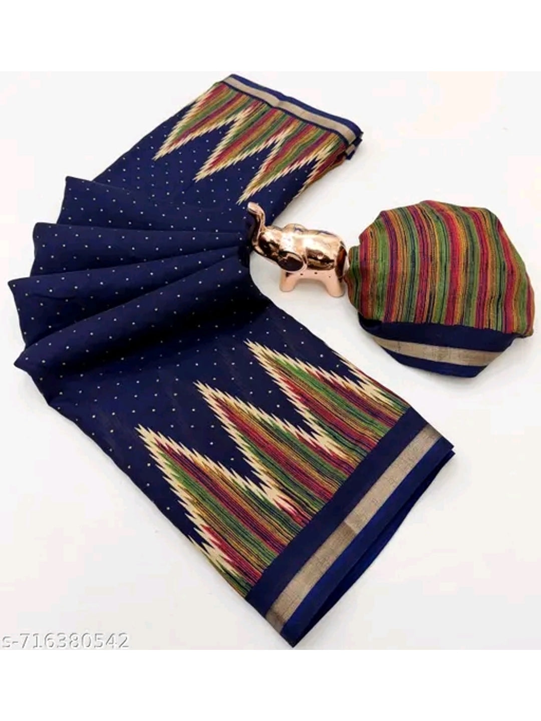 Peachmode Navy Blue Mulmul Cotton Saree with geometric print - Image 2