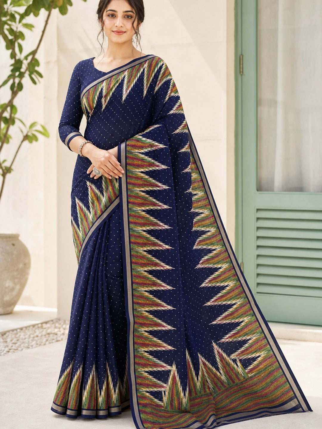 Peachmode Navy Blue Mulmul Cotton Saree with geometric print - Image 1