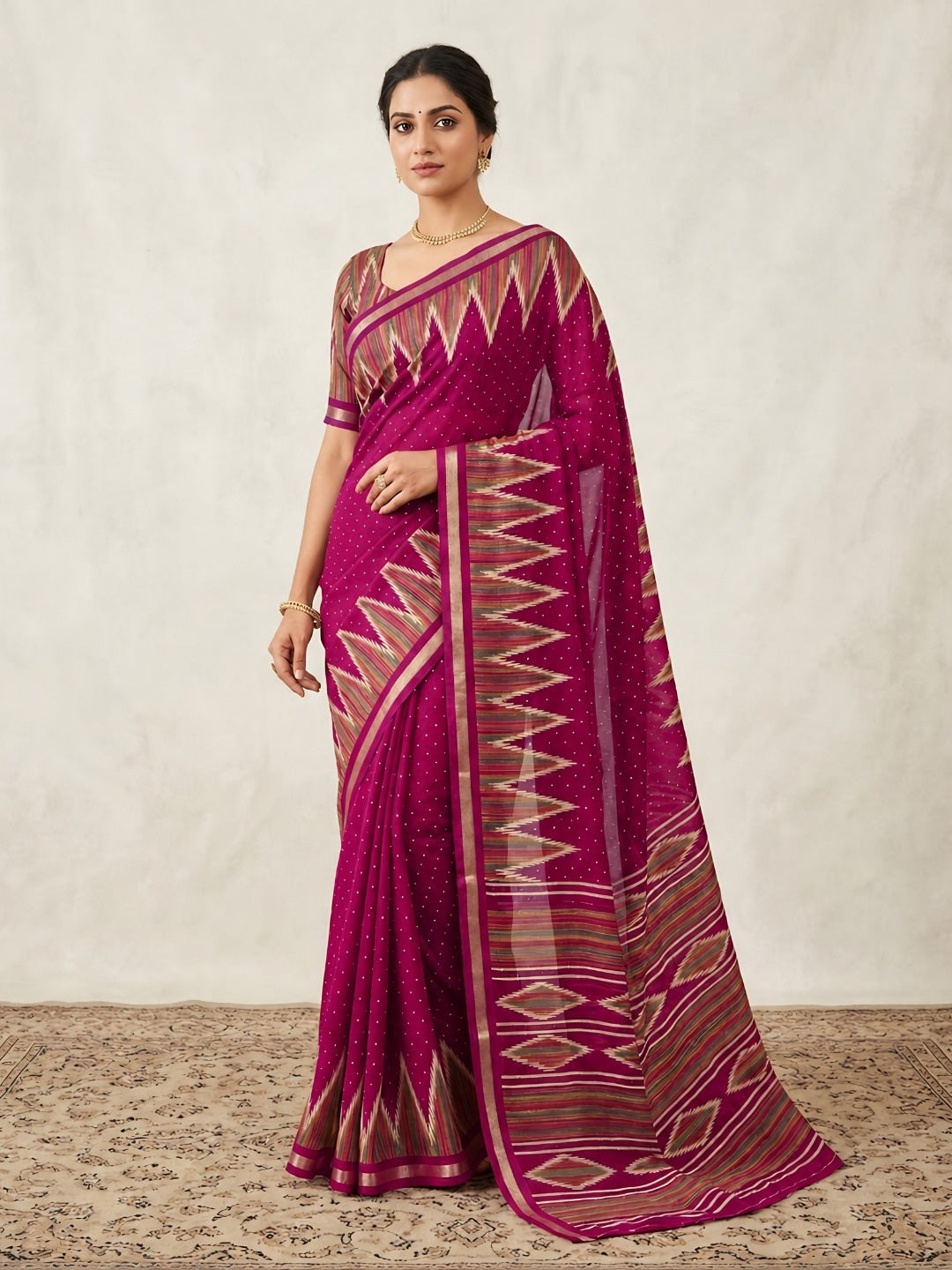 Peachmode Magenta Mulmul Cotton Saree with geometric print - Image 1