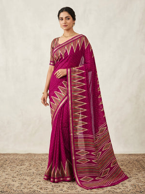 Peachmode Magenta Mulmul Cotton Saree with geometric print - Image 1