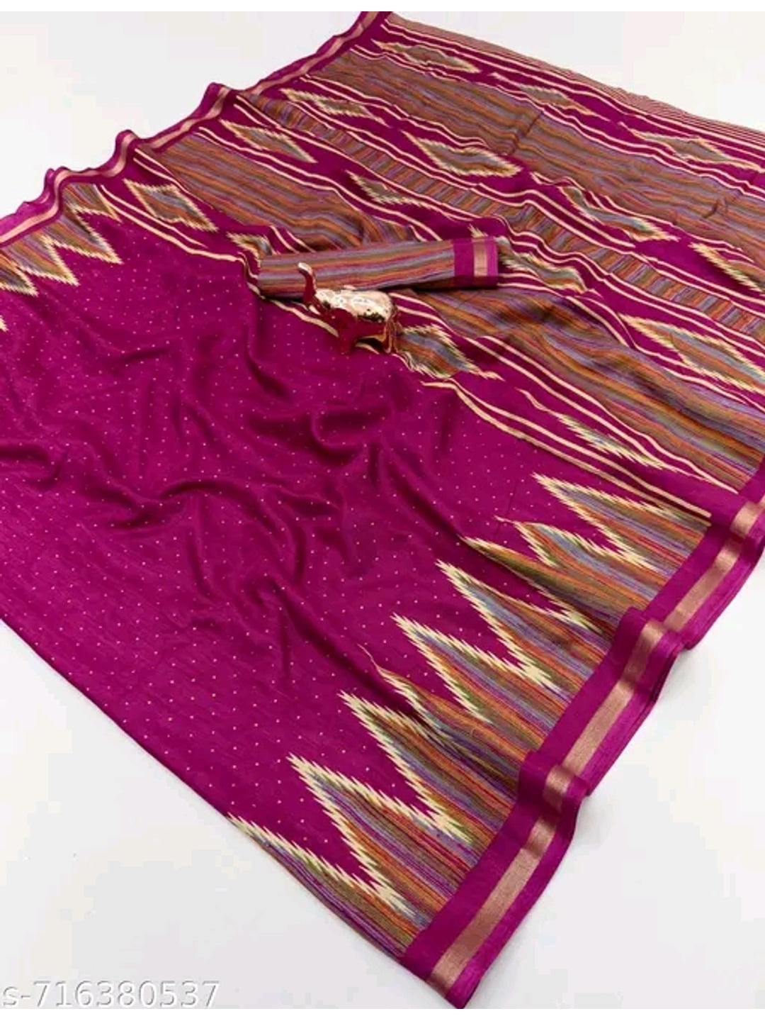 Peachmode Magenta Mulmul Cotton Saree with geometric print - Image 3