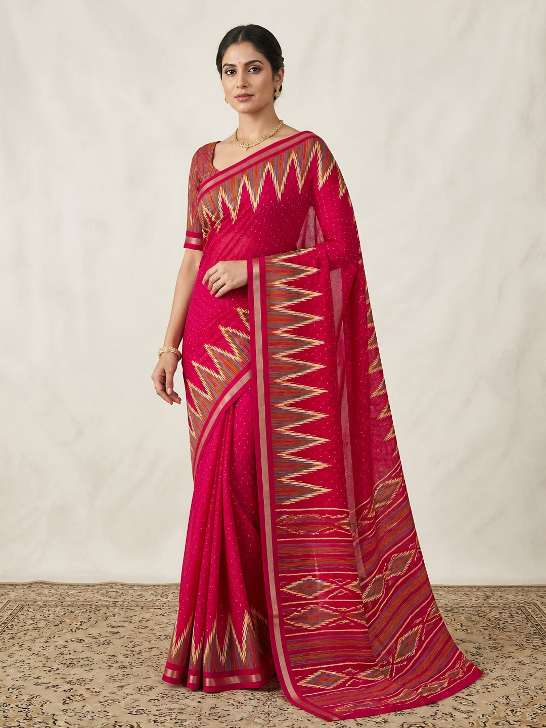 Peachmode Pink Mulmul Cotton Saree with geometric print - Image 1