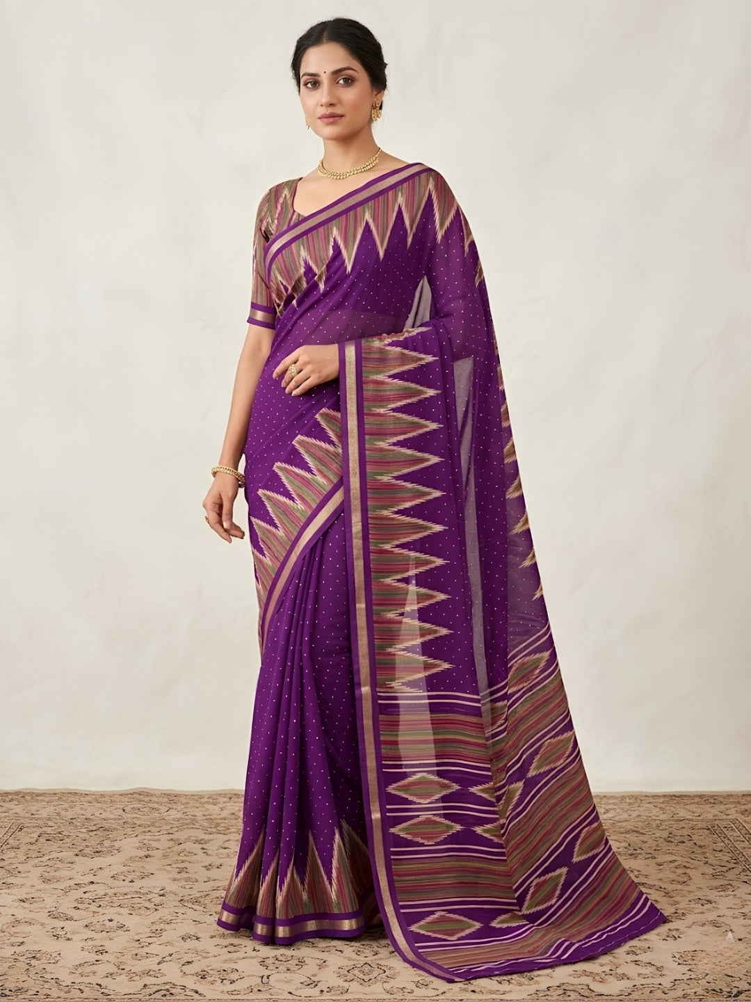 Peachmode Purple Mulmul Cotton Saree with geometric print - Image 1