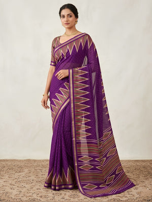 Peachmode Purple Mulmul Cotton Saree with geometric print - Image 1