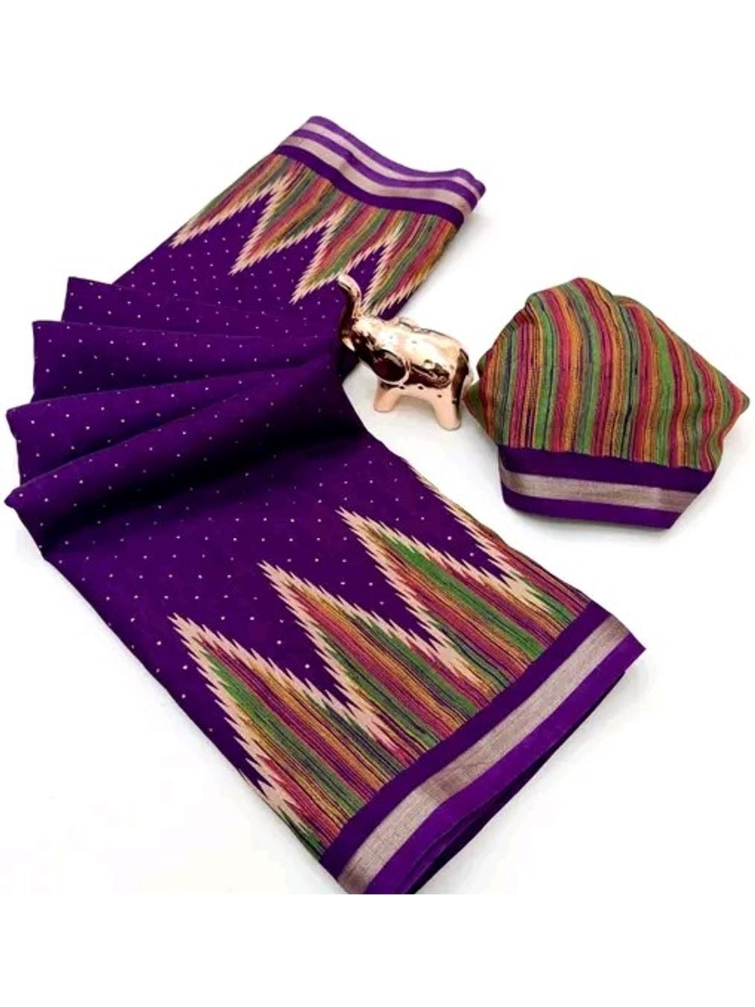 Peachmode Purple Mulmul Cotton Saree with geometric print - Image 2