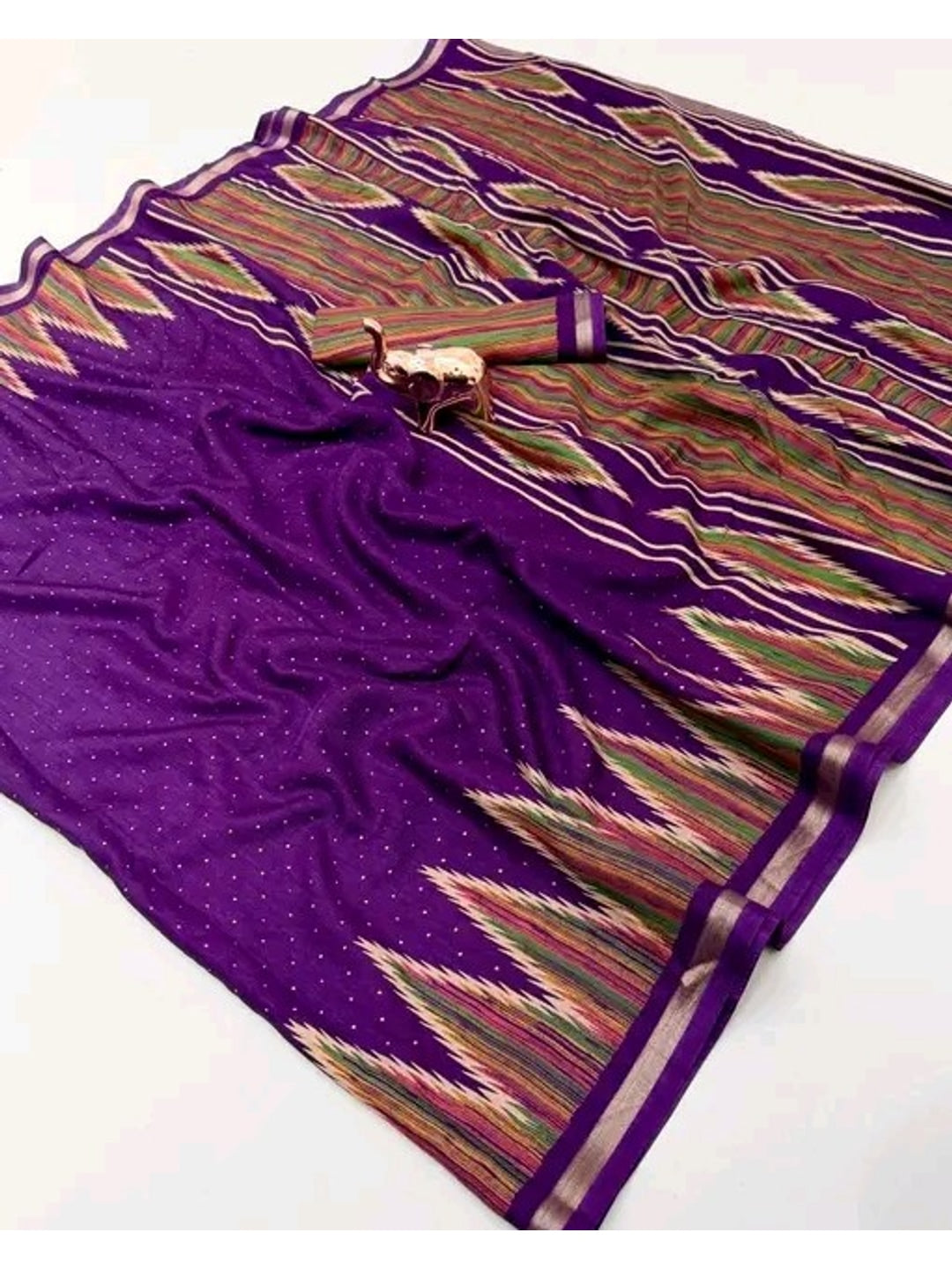 Peachmode Purple Mulmul Cotton Saree with geometric print - Image 3