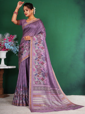 Elegant Lavender Floral Digital Print Dola Silk Saree With Rich Zari Weaving Border Work - Image 1