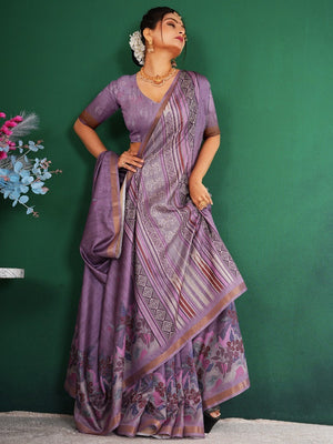 Elegant Lavender Floral Digital Print Dola Silk Saree With Rich Zari Weaving Border Work - Image 2