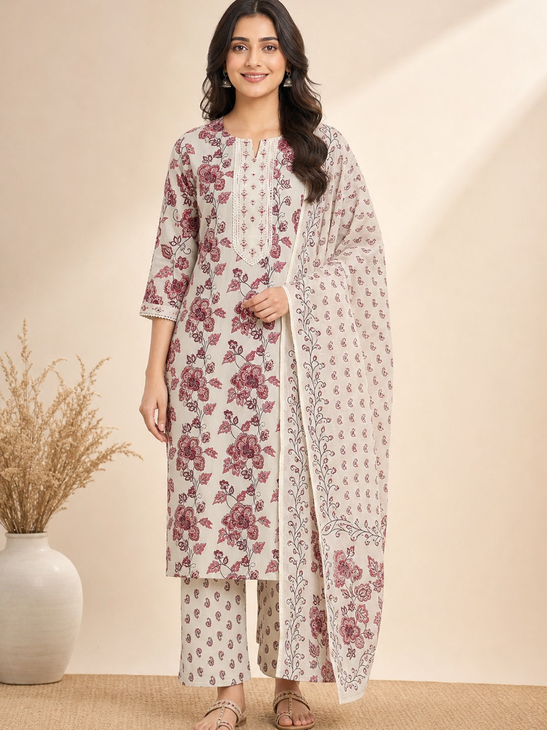 Maroon Pure Cotton Floral Printed Salwar Suit Set with Dupatta - Image 2