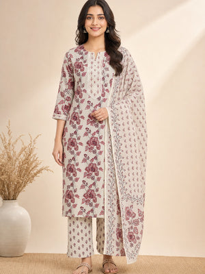 Maroon Pure Cotton Floral Printed Salwar Suit Set with Dupatta - Image 2
