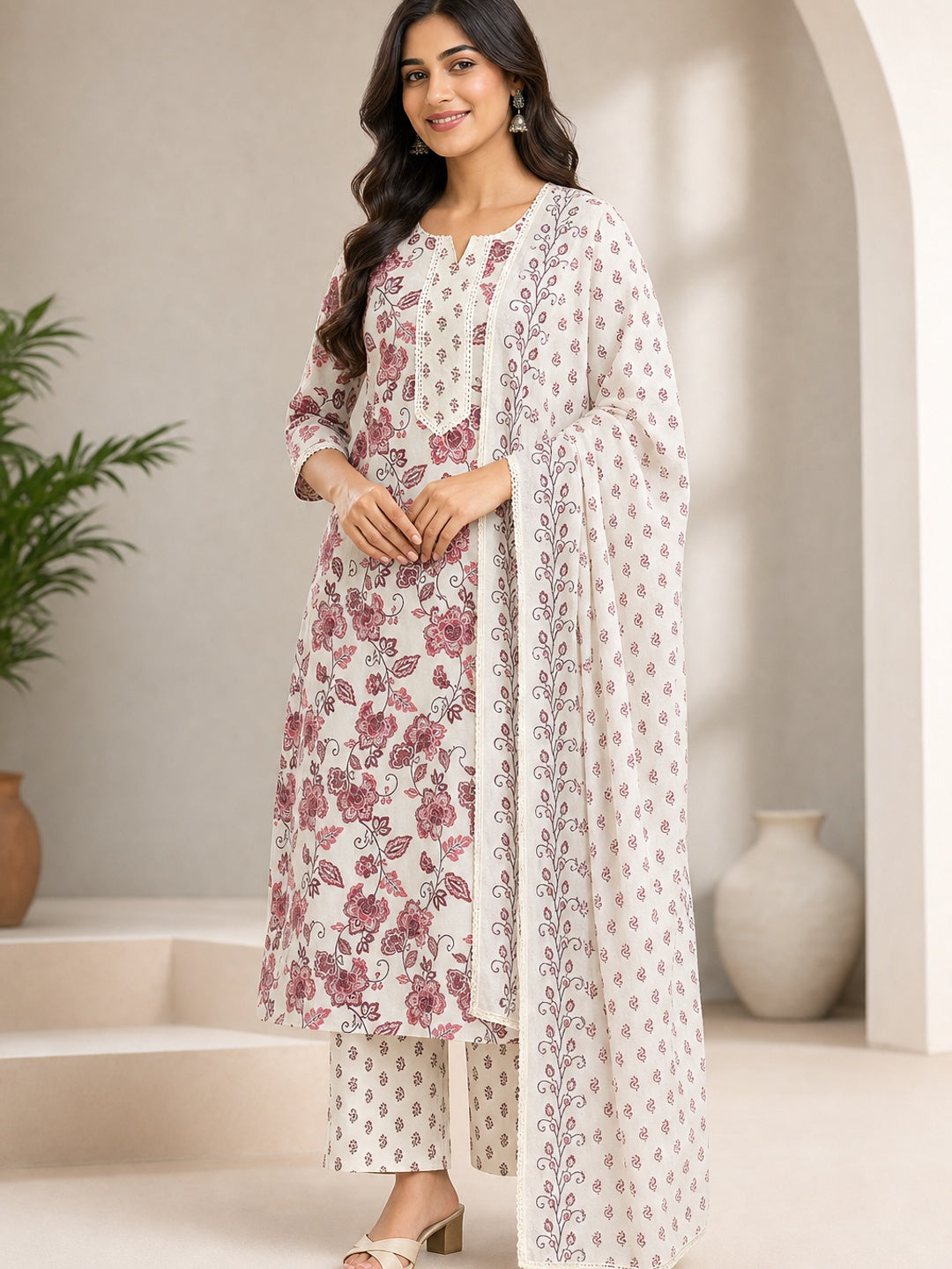 Maroon Pure Cotton Floral Printed Salwar Suit Set with Dupatta - Image 3