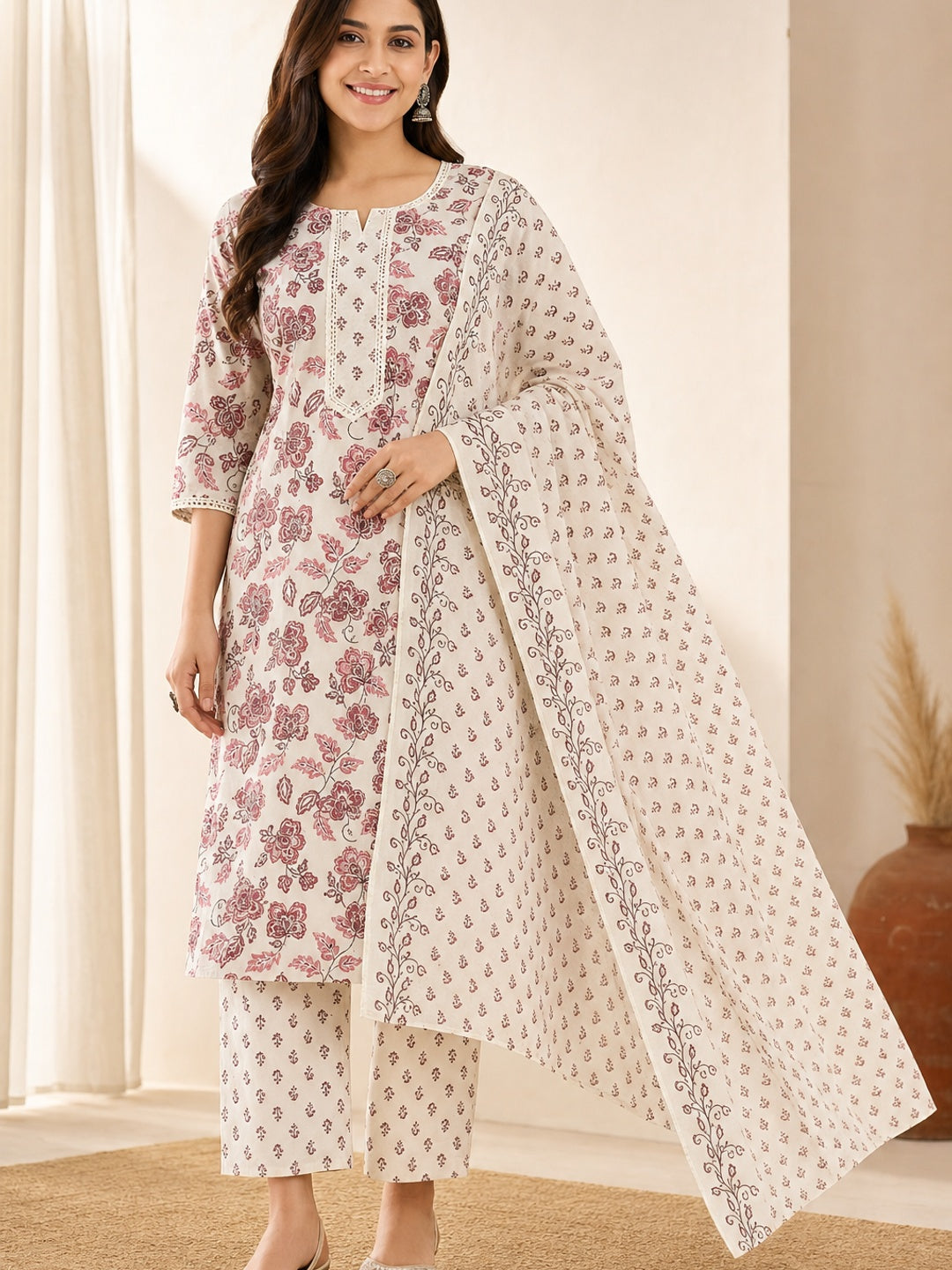 Maroon Pure Cotton Floral Printed Salwar Suit Set with Dupatta - Image 4