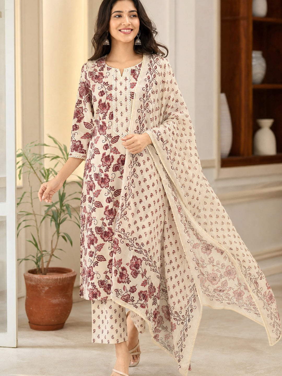 Maroon Pure Cotton Floral Printed Salwar Suit Set with Dupatta - Image 1
