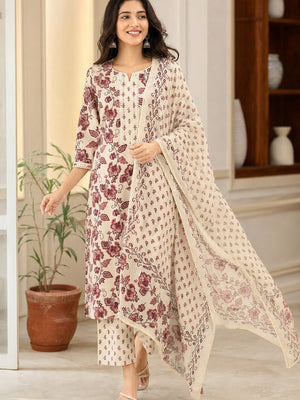 Maroon Pure Cotton Floral Printed Salwar Suit Set with Dupatta - Image 1