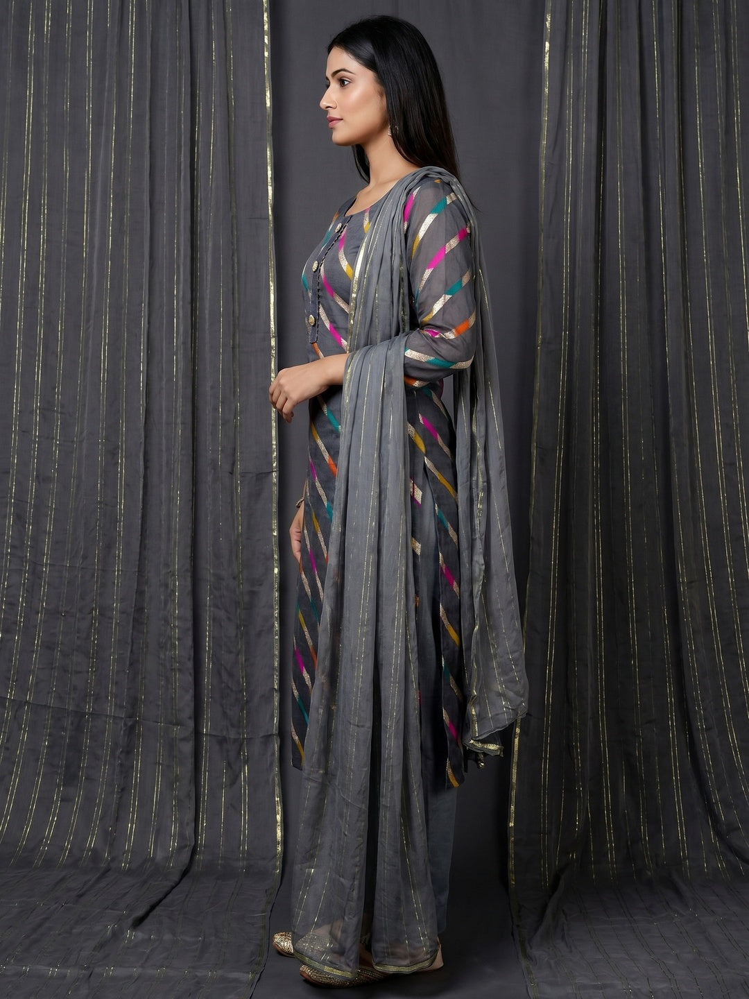 Grey Woven Organza Dress Material - Image 3
