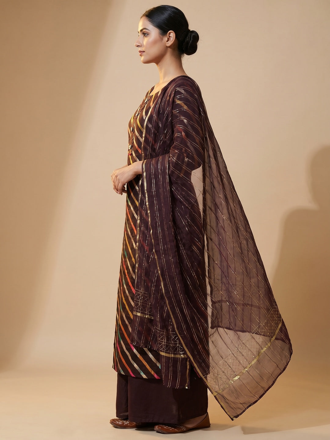 Brown Woven Organza Dress Material - Image 2