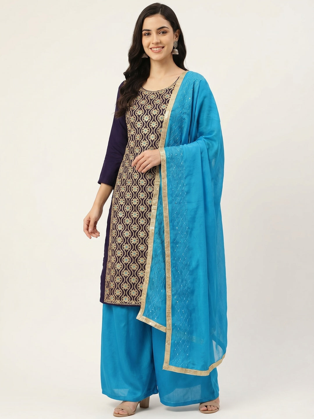 Navy Blue Sequins Floral Embroidered Modal Dress Material - Image 1