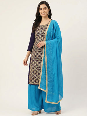 Navy Blue Sequins Floral Embroidered Modal Dress Material - Image 1
