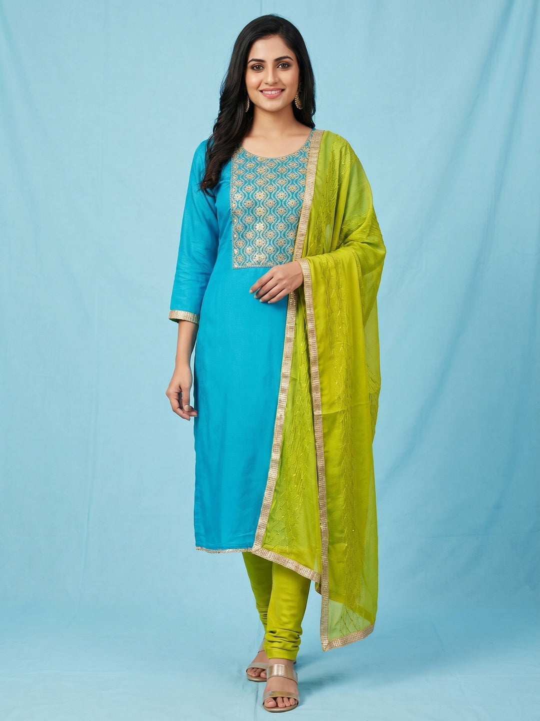 Sky Blue Sequins Floral Embroidered Modal Dress Material - Image 1