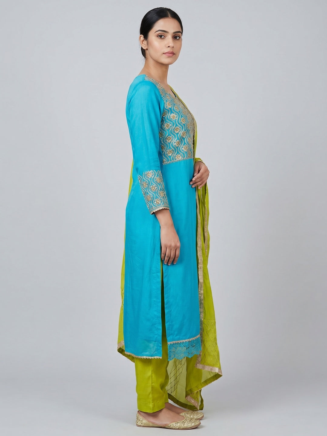 Sky Blue Sequins Floral Embroidered Modal Dress Material - Image 2