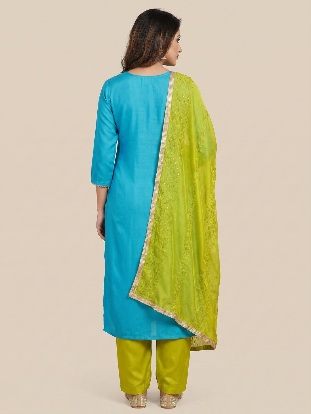 Sky Blue Sequins Floral Embroidered Modal Dress Material - Image 3