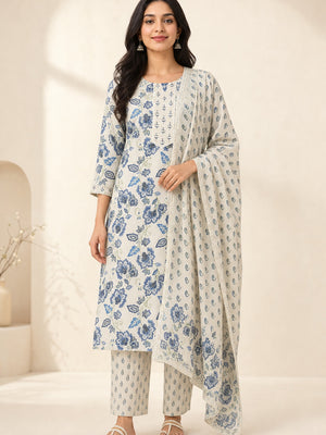 Blue Pure Cotton Floral Printed Salwar Suit Set with Dupatta - Image 2