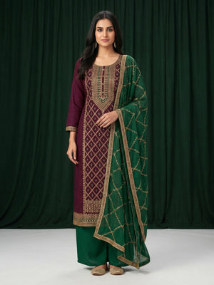 Wine Woven With Embroidered Modal Dress Material - Image 1