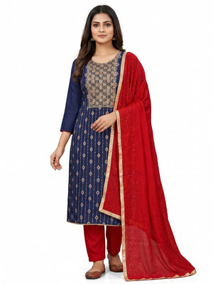 Navy Blue Woven With Embroidered Modal Dress Material - Image 1