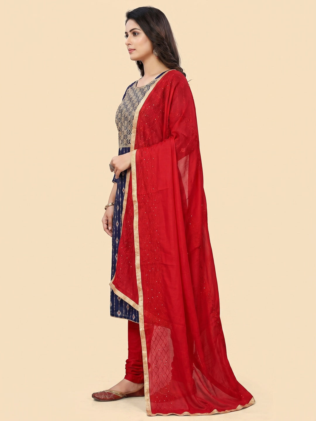 Navy Blue Woven With Embroidered Modal Dress Material - Image 3