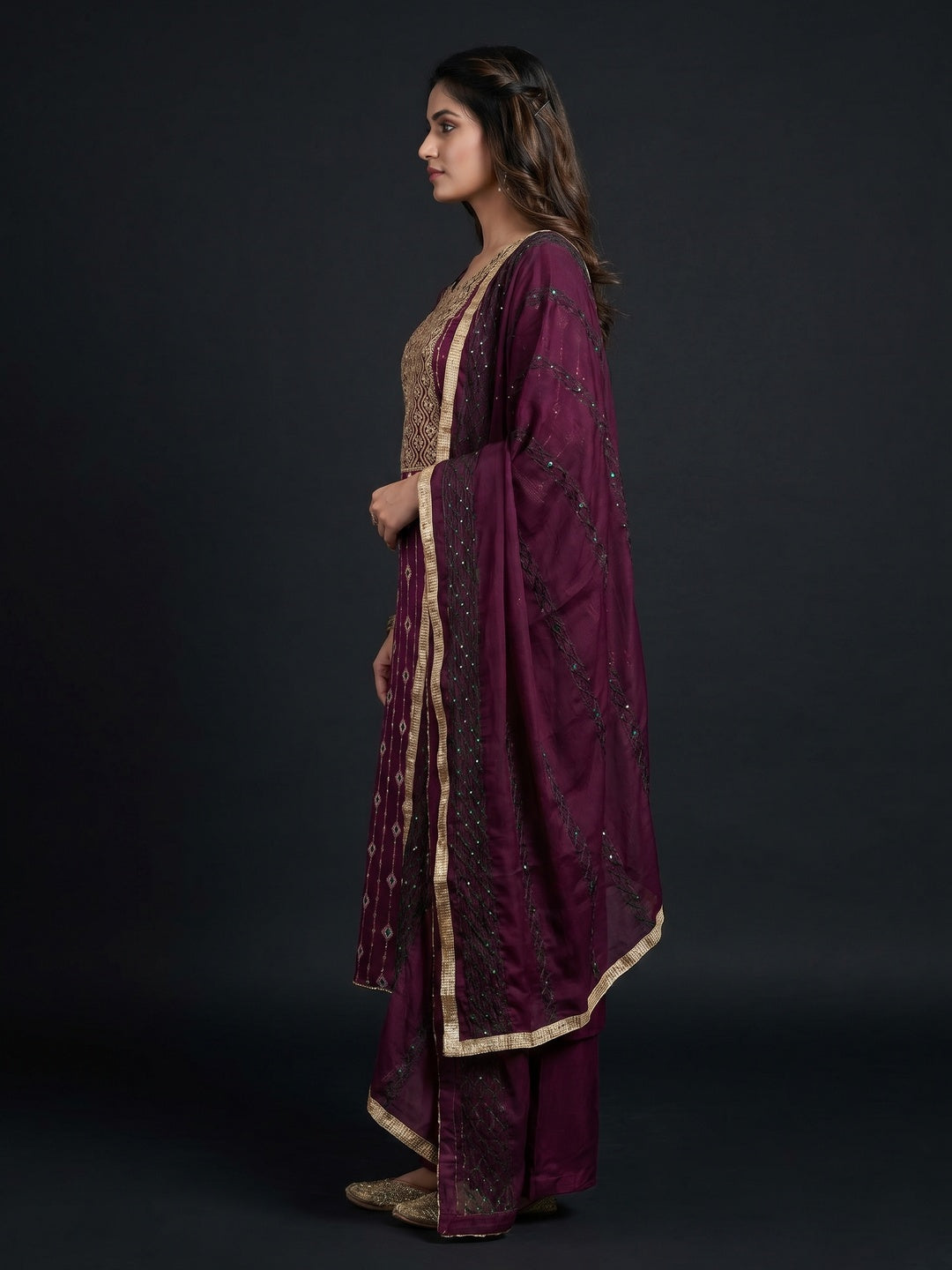 Wine Woven With Embroidered Modal Dress Material - Image 2