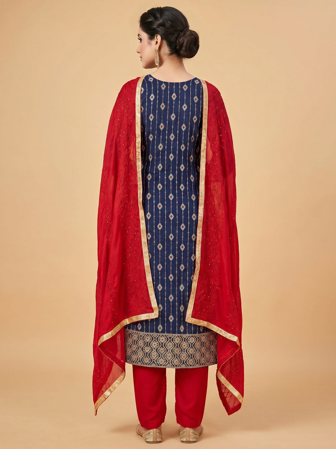 Navy Blue Woven With Embroidered Modal Dress Material - Image 2