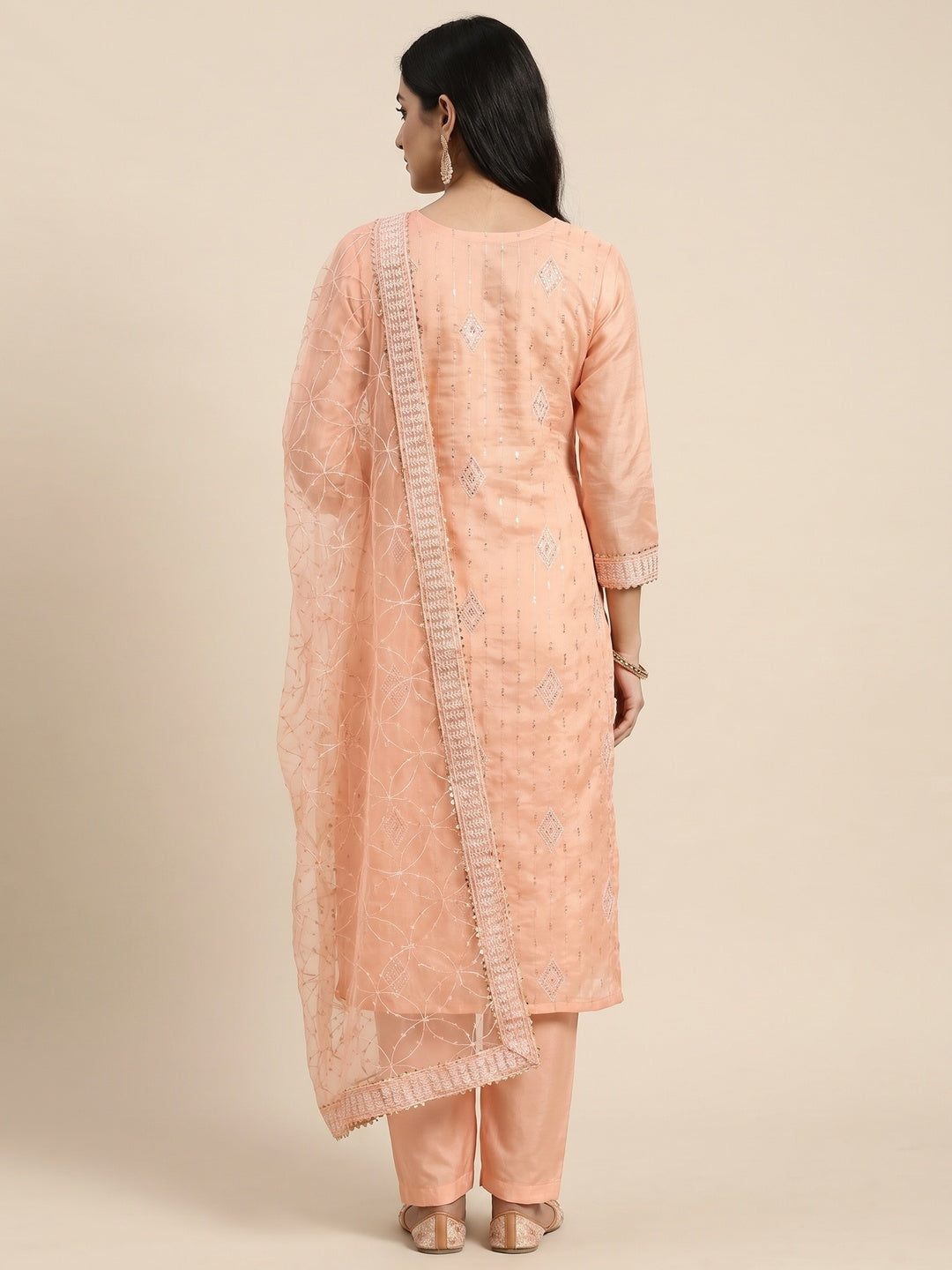 Peach Sequins Embroidered Chanderi Dress Material - Image 3