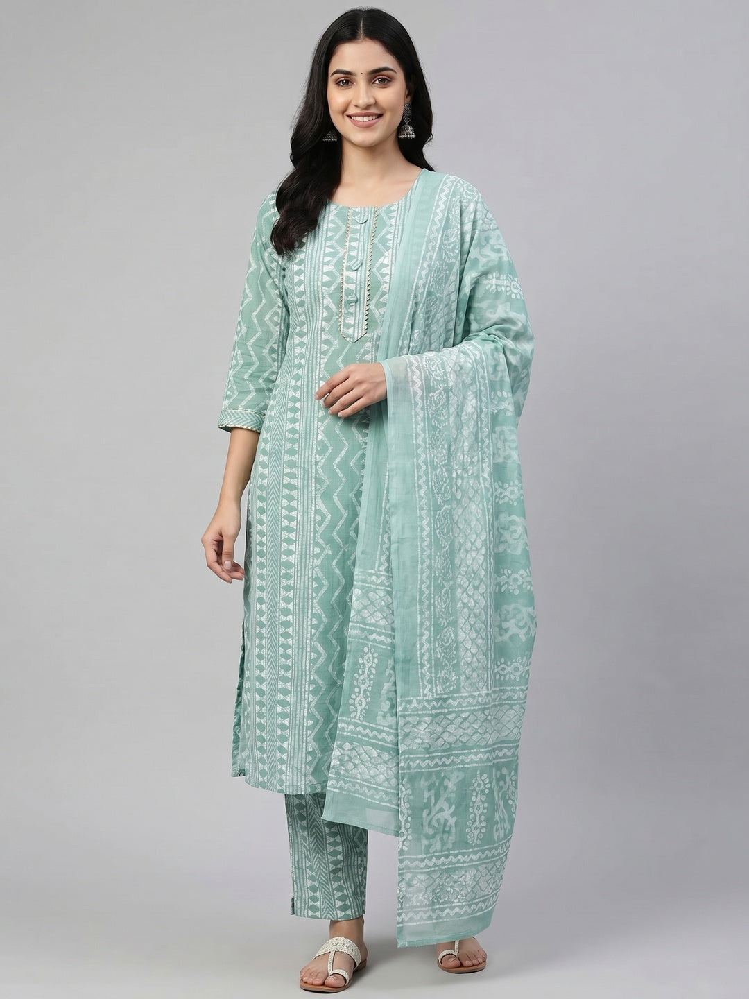 Green Printed Pure Cotton Dress Material - Image 1