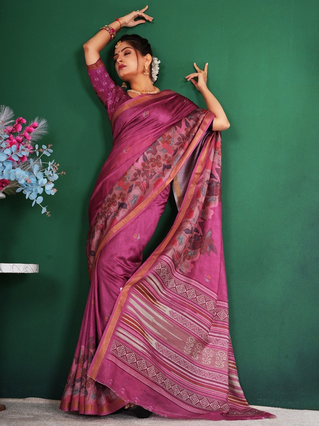 Elegant Pink Floral Digital Print Dola Silk Saree With Rich Zari Weaving Border Work - Image 2