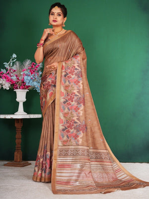Elegant Brown Floral Digital Print Dola Silk Saree With Rich Zari Weaving Border Work - Image 1