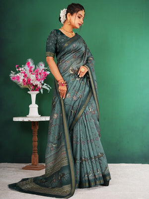 Graceful Dusty Teal Floral & Bird Motif Digital Printed Dola Silk Saree With Zari Weaving Border - Image 2