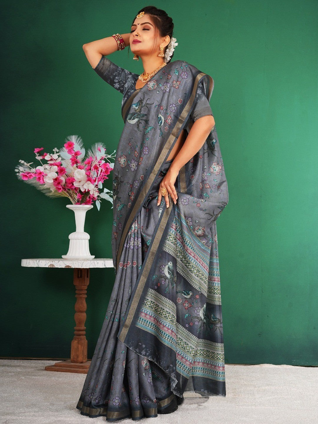 Graceful Grey Floral & Bird Motif Digital Printed Dola Silk Saree With Zari Weaving Border - Image 3