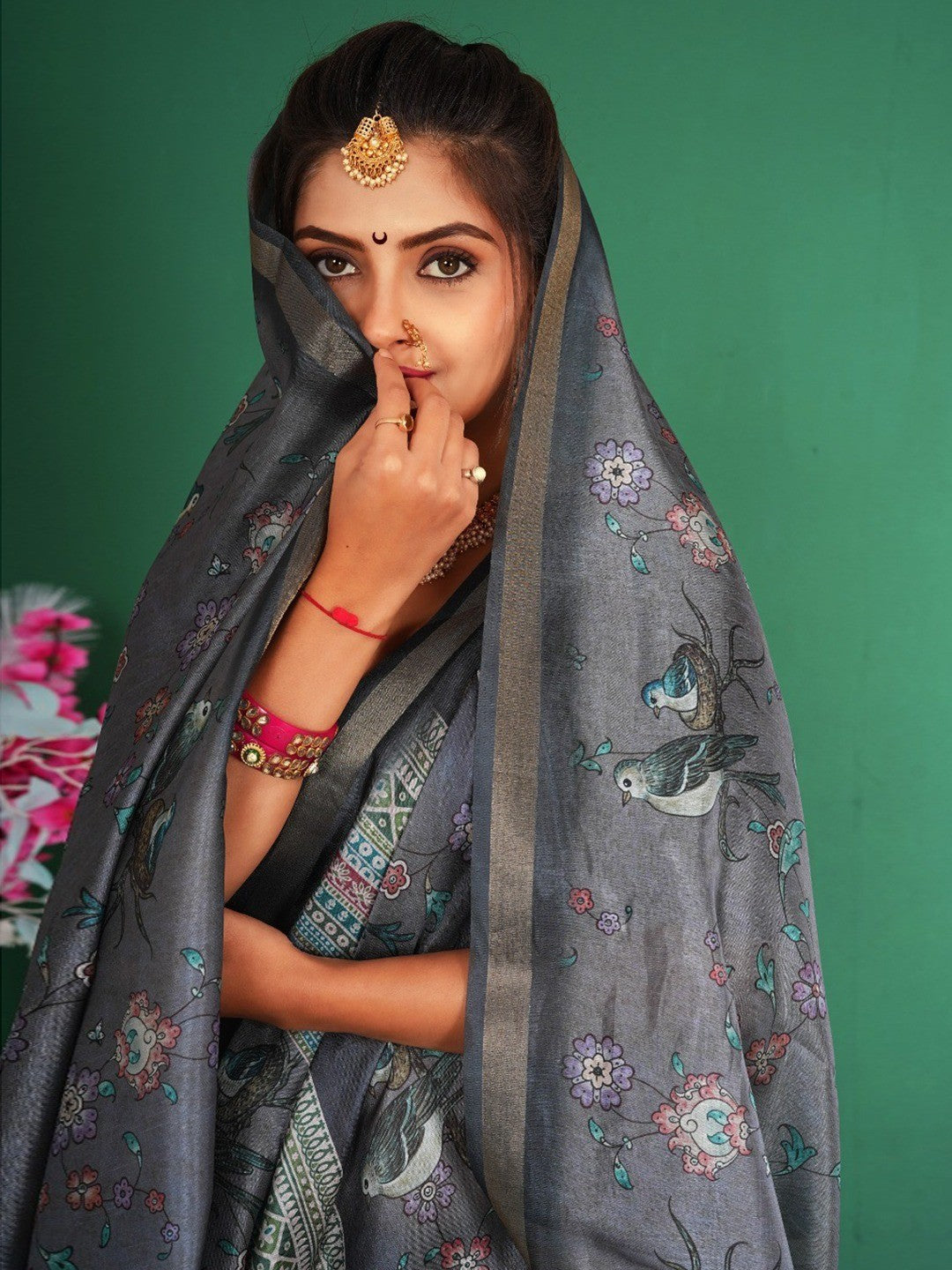 Graceful Grey Floral & Bird Motif Digital Printed Dola Silk Saree With Zari Weaving Border - Image 4