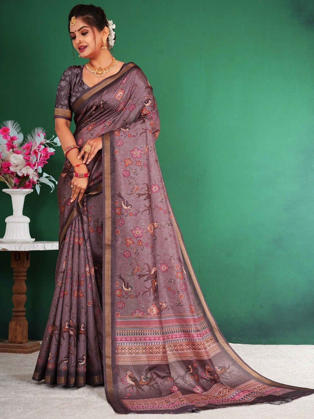 Graceful Mauve Floral & Bird Motif Digital Printed Dola Silk Saree With Zari Weaving Border With Unstitched Dola Silk Blouse Peice - Image 1