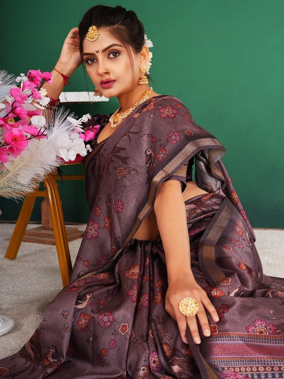 Graceful Mauve Floral & Bird Motif Digital Printed Dola Silk Saree With Zari Weaving Border With Unstitched Dola Silk Blouse Peice - Image 3