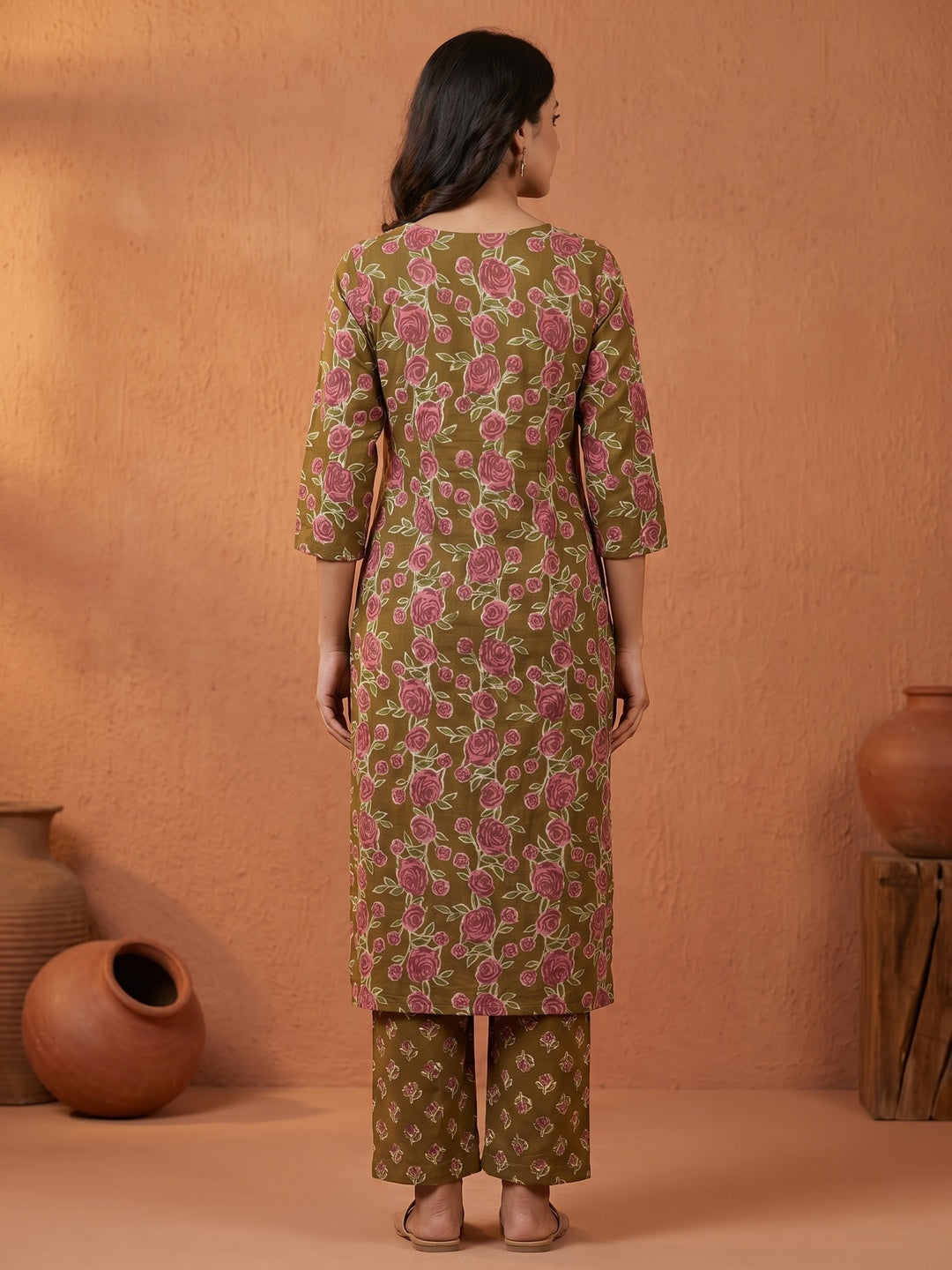 Elegant Floral Printed Pure Cotton Mehandi Green Kurta Set - Image 3