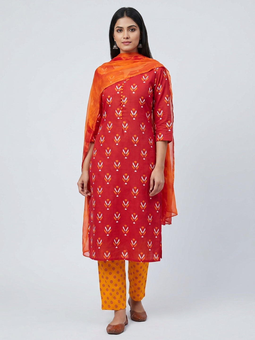 Red Ikkat Printed Cotton Blend Dress Material - Image 1