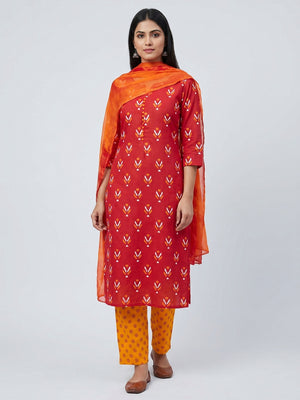 Red Ikkat Printed Cotton Blend Dress Material - Image 1