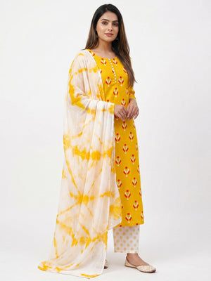 Yellow Ikkat Printed Cotton Blend Dress Material - Image 1