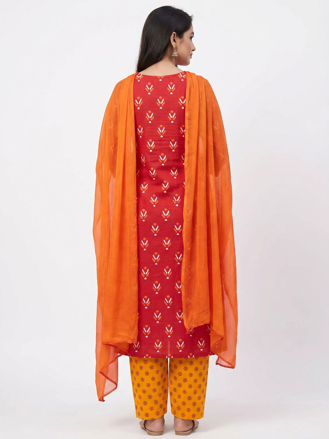 Red Ikkat Printed Cotton Blend Dress Material - Image 3
