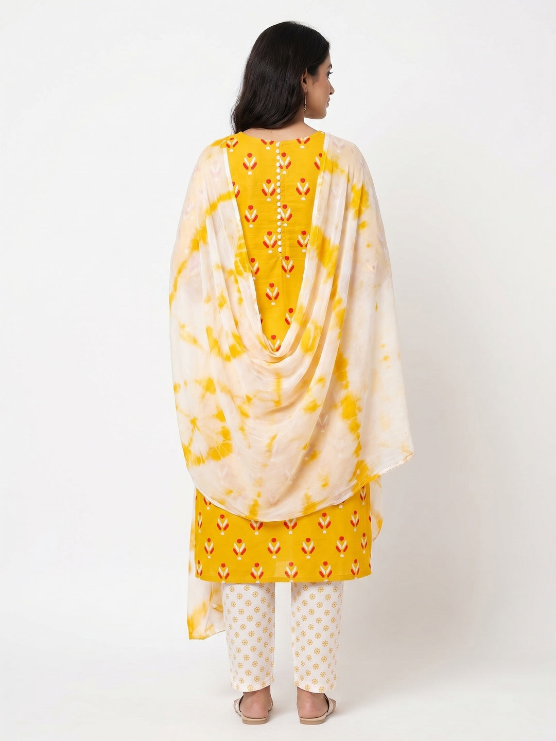 Yellow Ikkat Printed Cotton Blend Dress Material - Image 2