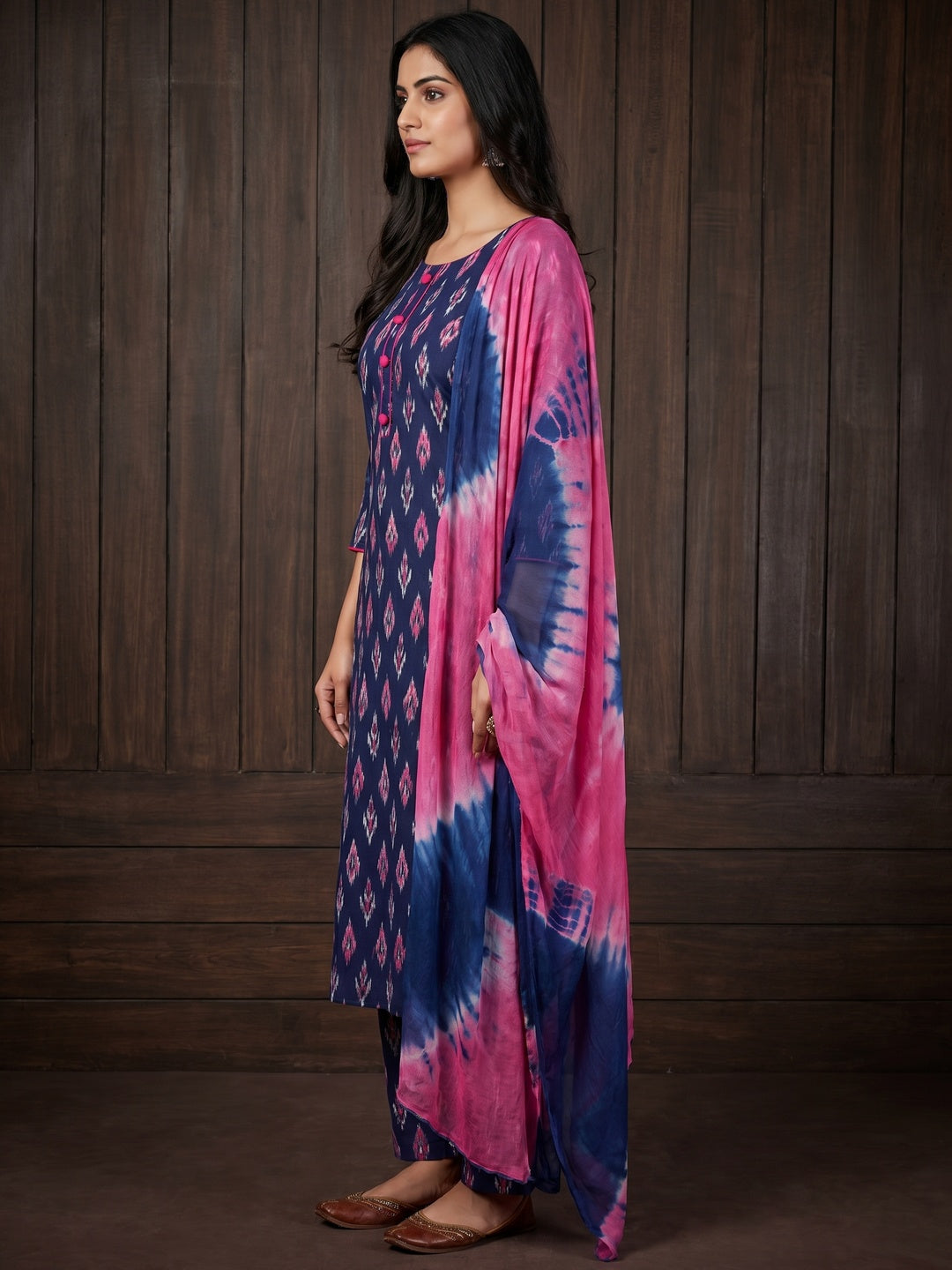 Navy Blue Ikkat Printed Cotton Blend Dress Material - Image 2