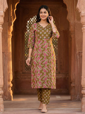 Elegant Floral Printed Pure Cotton Mehandi Green Kurta Set - Image 1