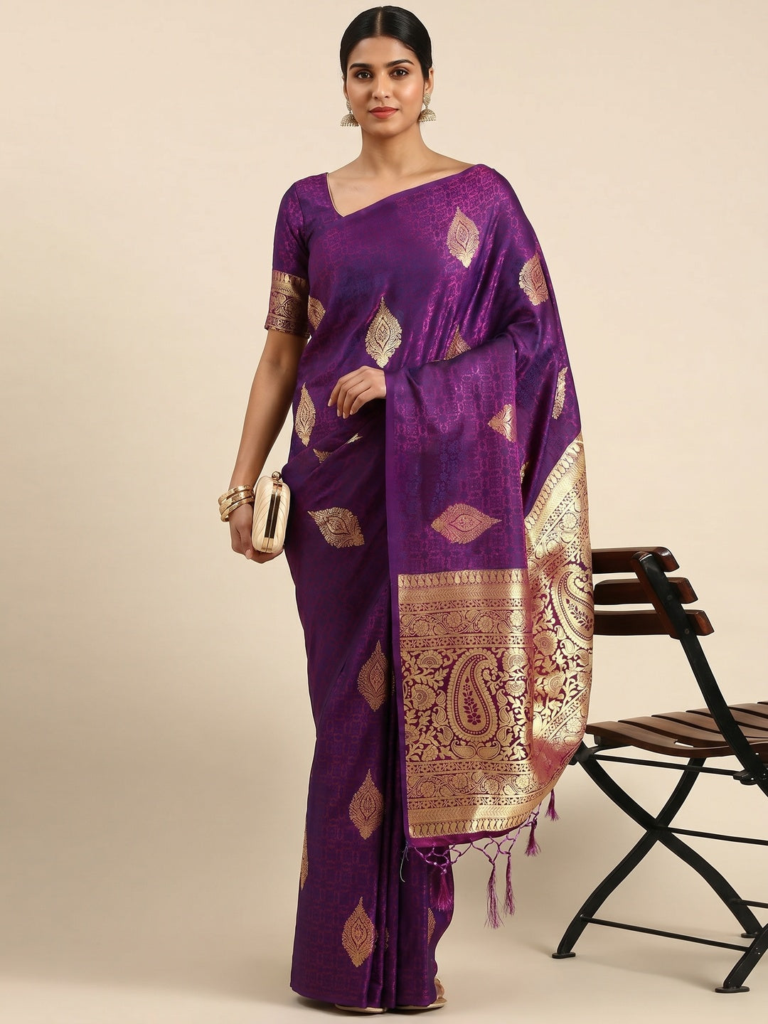 Purple Woven Kanjivaram Silk Saree WithTassels - Image 1
