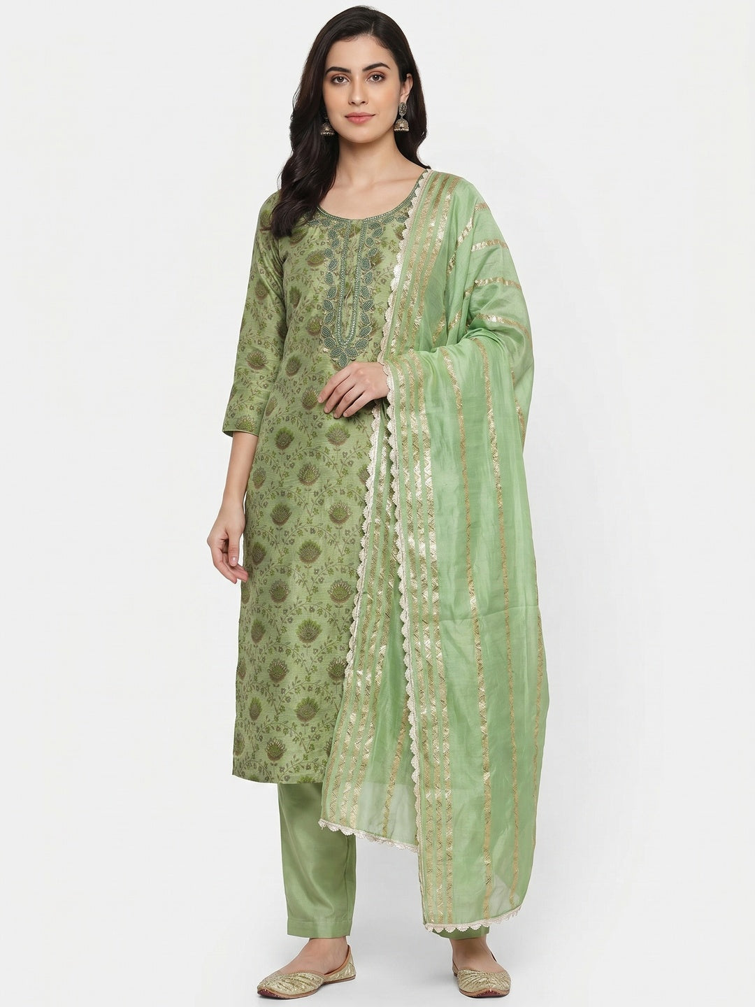 Green Printed With Handwork Modal Dress Material - Image 1